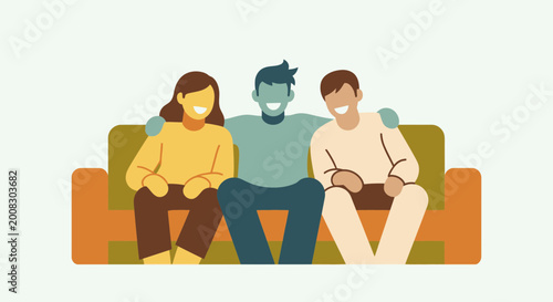 Schilderij op canvas Diverse friends sitting on couch, smiling, togetherness, casual lifestyle illust