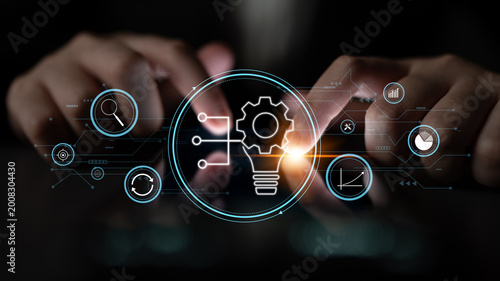 Business innovation and research for process automation. A concept of developing new ideas and technology for strategic growth and market analysis. Motif