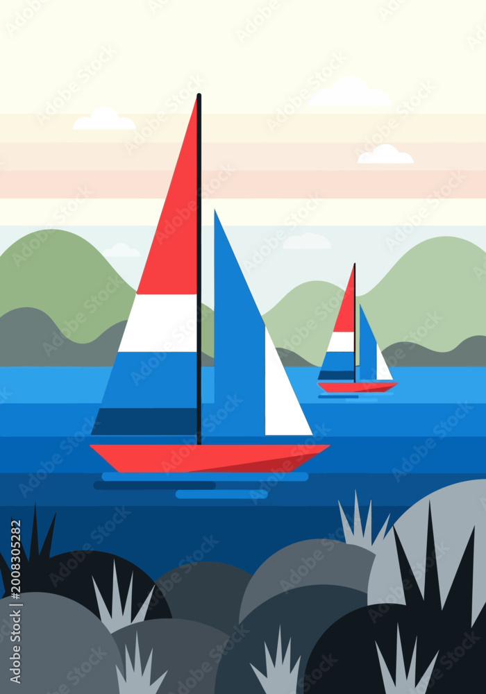 Naklejka premium Geometric Flat Design Illustration of Sailboats on Blue Water with Coastal Mountains and Rocky Shore. Modern Minimalist Nautical Summer Landscape Vector Art.