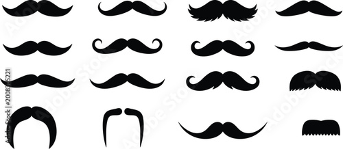 Schilderij op canvas Black mustache silhouette collection featuring sixteen diverse facial hair style