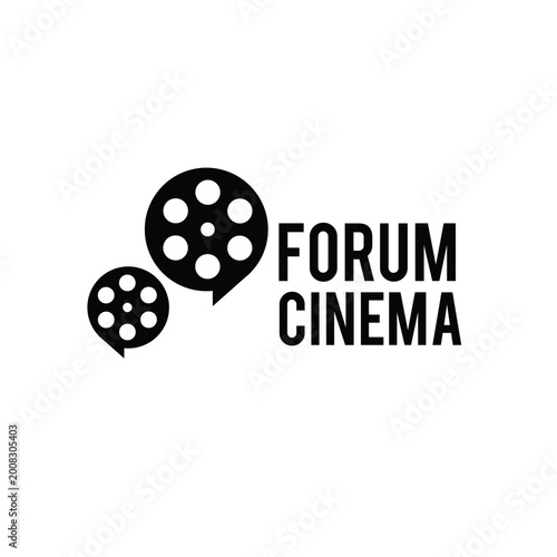 Black and White Forum Cinema Logo with Film Reels as Speech Bubbles