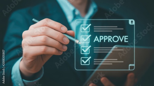 business professional approving digital document with futuristic holographic interface on tablet