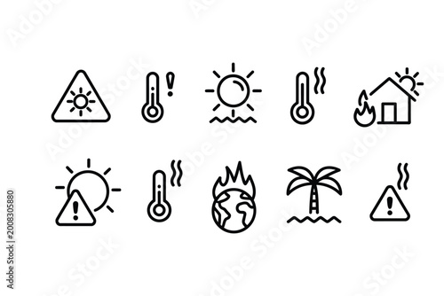 Bild auf Leinwand Collection of heat warning global warming and extreme weather icons for climate change and environmental alert concept design