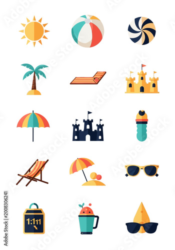 Εκτύπωση καμβά Flat Summer Beach Vacation Icon Set - Minimalist Holiday Icons for Travel, Leisu