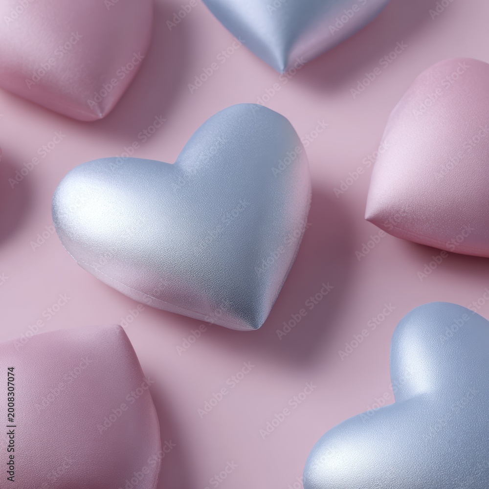 Fototapeta premium pink pillows with silver and blue heart designs isolated on pink background, 3D render soft decor concept
