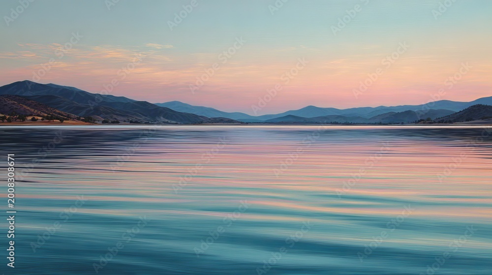 Obraz premium Calm lake water with mountain range at serene sunset for nature backgrounds