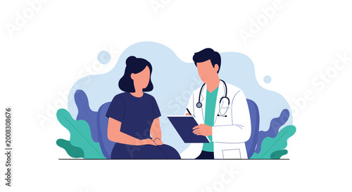 Professional male doctor in a white coat consulting with a female patient in a clinical setting with a soft abstract background.