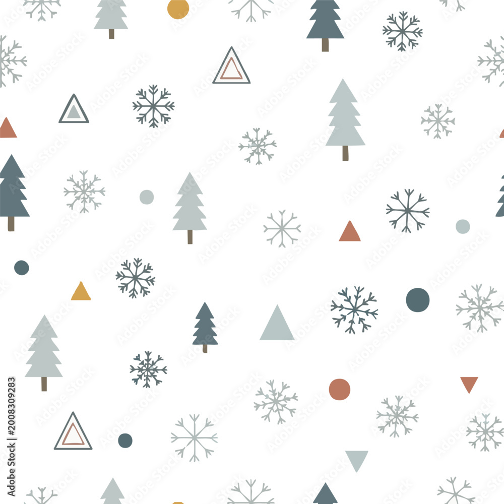 Obraz premium Winter seamless pattern, Christmas trees and snowflakes, festive background, geometric shapes, white