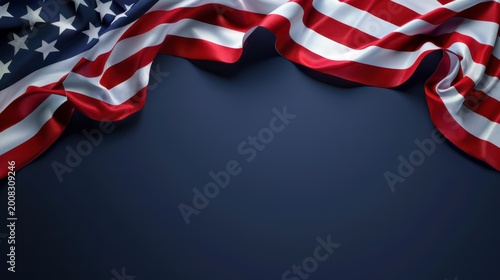 Draped american flag over navy background for independence day poster banner and patriotic presentation layout. Memorial Day. Constitution Day of USA. Horizontal banner. Copy space