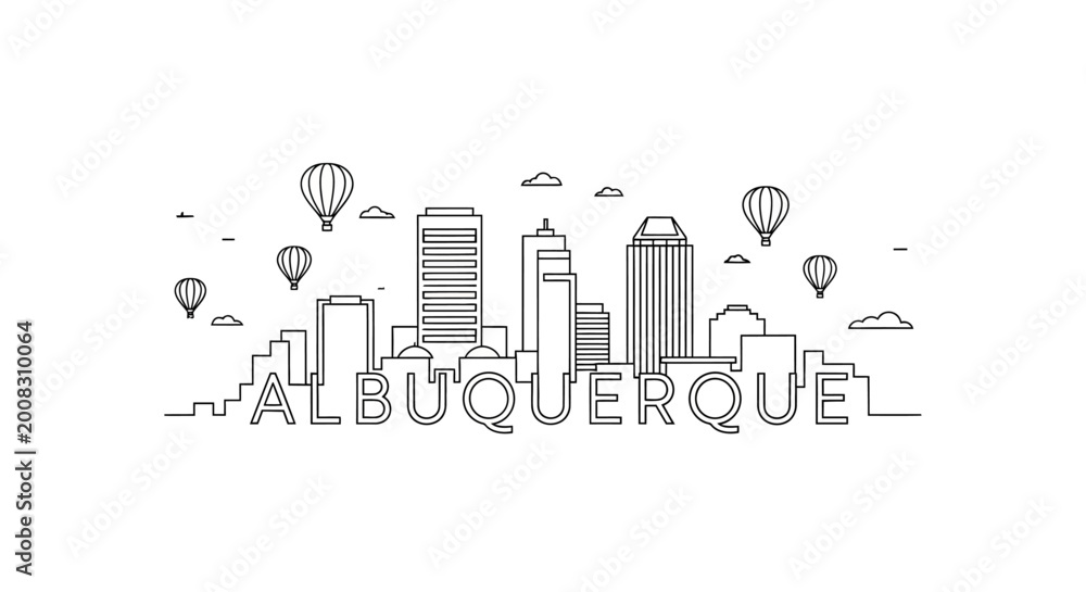 Fototapeta premium Albuquerque cityscape with hot air balloons floating above skyscrapers