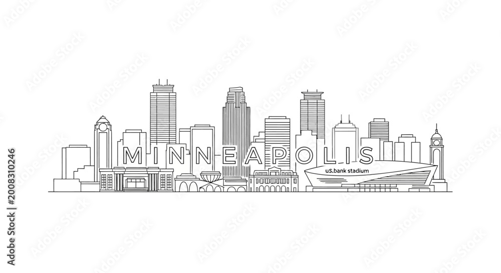 Obraz premium City skyline illustration of Minneapolis with buildings and boats on the river