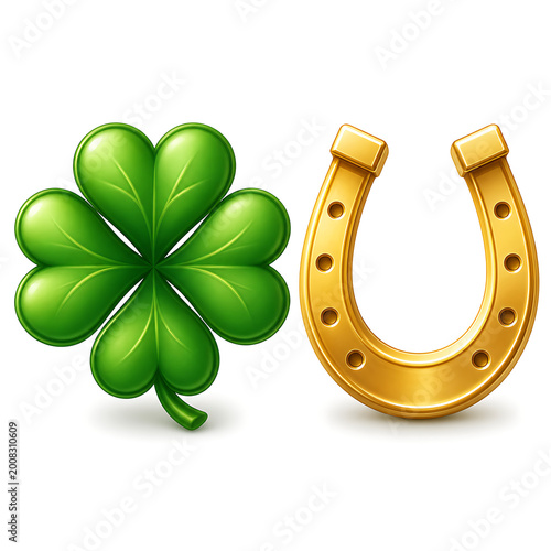 gold horseshoe and green four leaf clover luck symbols