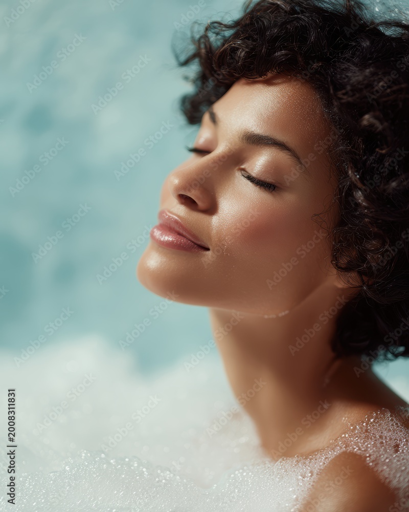 Naklejka premium relaxed woman with curly hair covered in frothy bubbles, eyes closed in bliss, soft blue backdrop spa mood