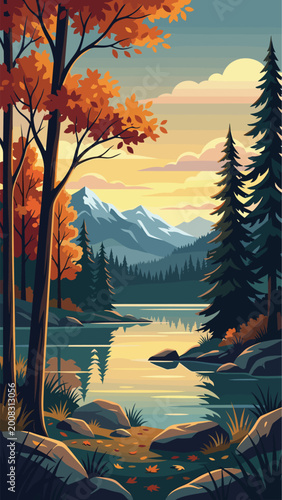 Scenic landscape illustration with mountains lake and autumn trees high-quality professional detailed modern elegant stylish