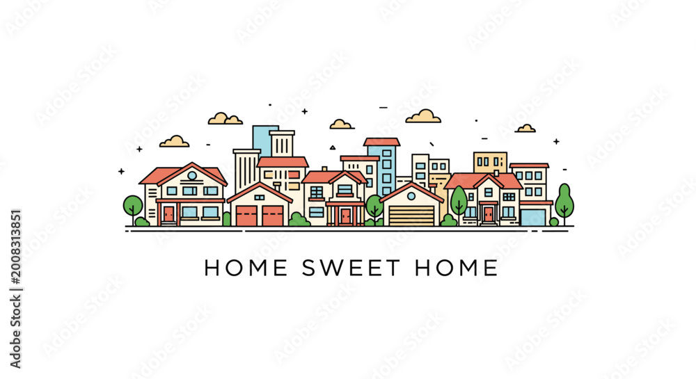 Fototapeta premium Stylized cityscape illustration in line art with several houses and buildings under a sky with clouds and the text HOME SWEET HOME.