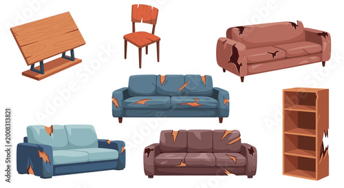 Collection of old damaged furniture including torn sofas, a broken wooden chair, a table, and a shelving unit with holes in the wood.