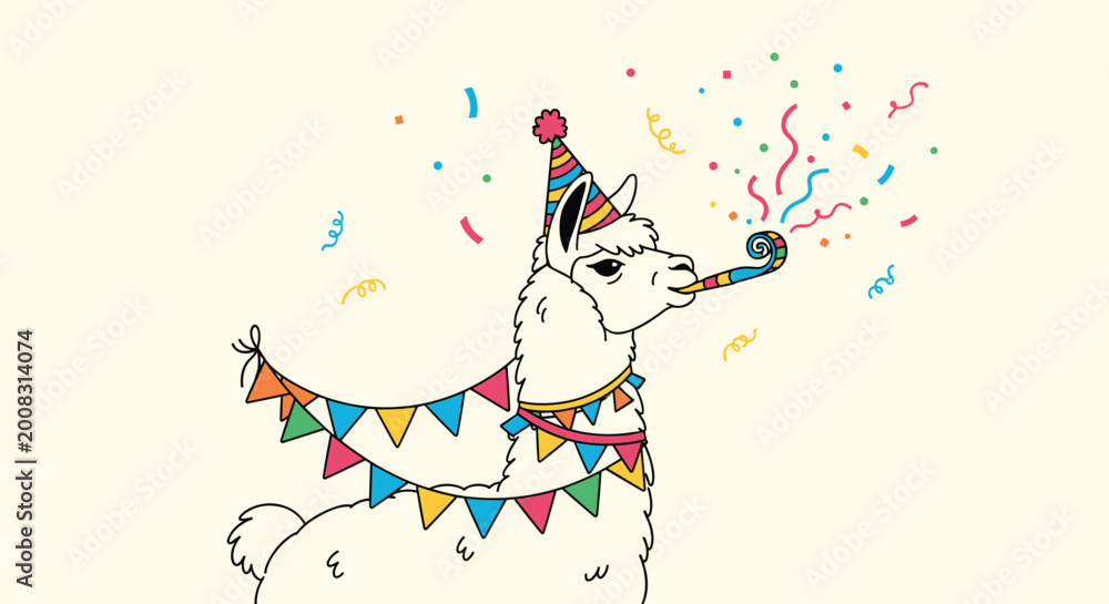 Fototapeta premium Cute white llama wearing a party hat and blowing a colorful party horn with confetti and festive bunting decoration in the background.