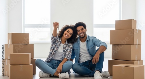 Couple Holding Keys in New Home for Real Estate Marketing
