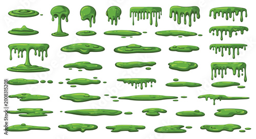 Massive collection of various green slime drips, splashes, and puddles in a pixel art style suitable for video game assets or design.
