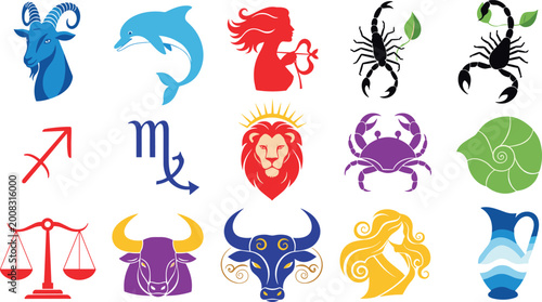 Foto Colorful Zodiac Signs Collection with Astrology Symbols Animals and Horoscope Ic