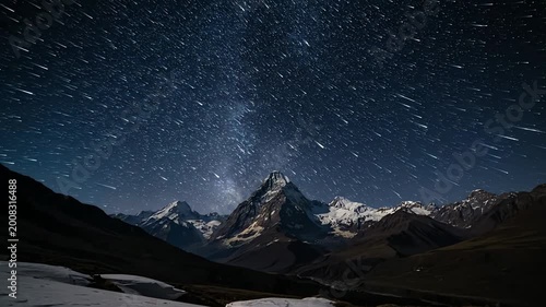 Night sky over majestic mountains and sparkling stars in dark space