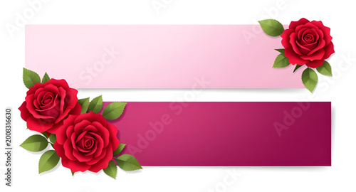 Tableau sur toile red rose floral frame illustration, botanical border with green leaves, romantic
