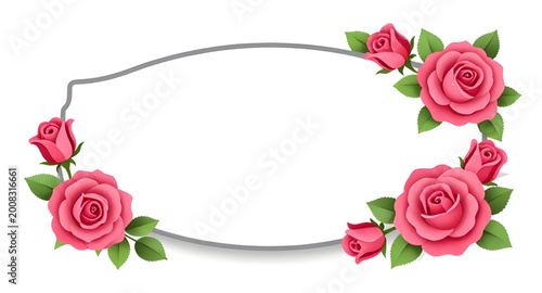 Foto red rose floral frame illustration, botanical border with green leaves, romantic
