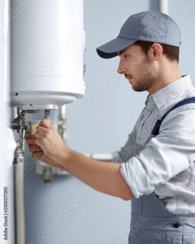 hot water heater service technician repairing boiler system, home maintenance and plumbing service concept