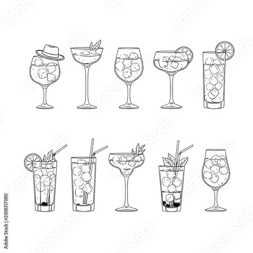 Cocktails set with various glasses and garnishes in line art style featuring drinks, illustration, beverages with alcohol and bar elements for