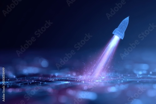 holographic rocket launch concept above digital workspace representing startup innovation and entrepreneurial growth