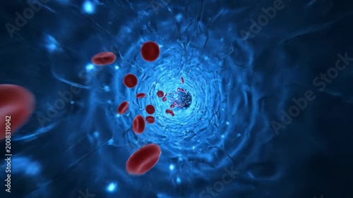 Red blood cells move dynamically through a glowing blue tunnel. This captivating visual represents circulation within a human body. Concept of healthcare, medical education, biological research