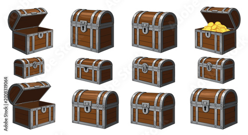 Set of wooden treasure chests in different perspectives and states including closed open and filled with gold coins for game assets.
