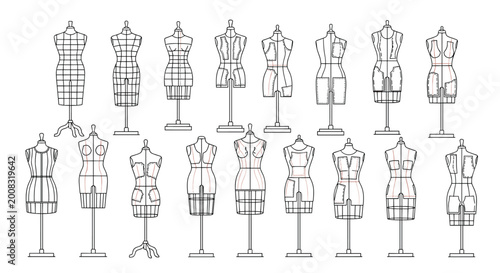 Set of dressmaker mannequin line drawings showing various body types and construction markings for fashion design and tailoring.
