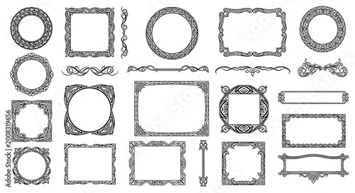 Collection of intricate vintage frames and borders in black and white with ornate floral and baroque decorative patterns for design.