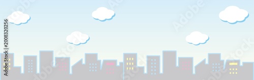 青空とビル群の街並みイラスト。都会の風景、コピースペース、バナー、背景、デザイン素材