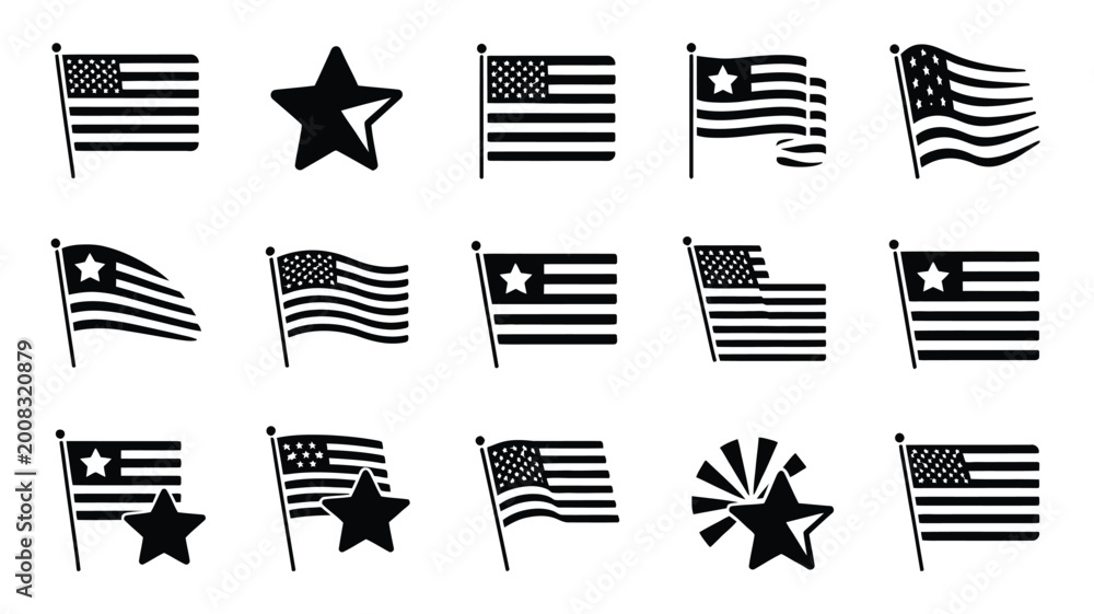 Φωτογραφία Collection of stylized american flag silhouettes and stars representing patrioti