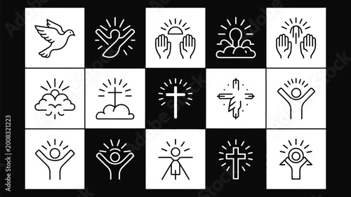 Foto Collection of 15 minimalist line art icons representing faith spirituality and d