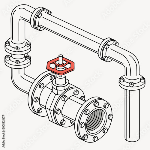 Photography Isometric industrial pipeline system with bolted flanges and red valve control l