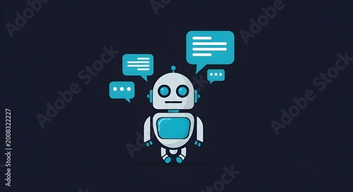 Cute robot character with speech bubbles for chat support
