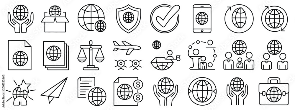 Naklejka premium Global business line icon set with law translation outsourcing finance transactions world map and delivery service concept design.