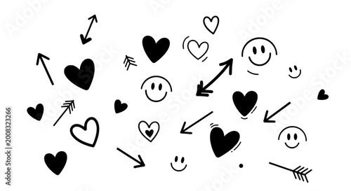 Hearts doodle drawn by hand with grunge scrawls and smiley faces featuring black and white, love, affection with friendship and happiness elements