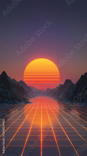Retro sunset gradient vaporwave grid purple sky neon landscape glowing sun digital art futuristic surreal calm mood