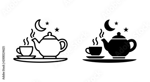 Cuadro en lienzo Tea Time Icons, Hot Beverage Set, Moonlit Night, Cozy Evening, Vector Graphics