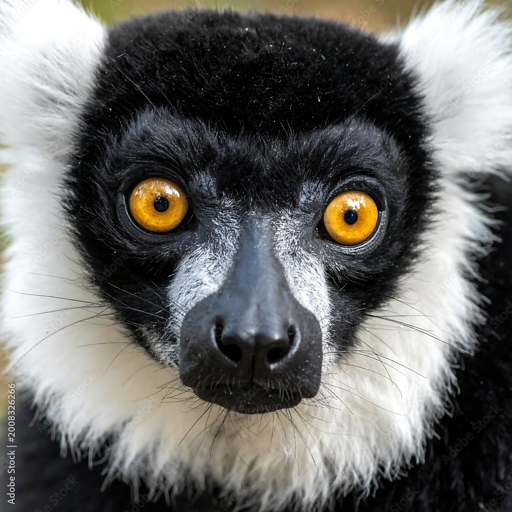Fototapeta premium A close-up of a black and white lemur with striking yellow eyes