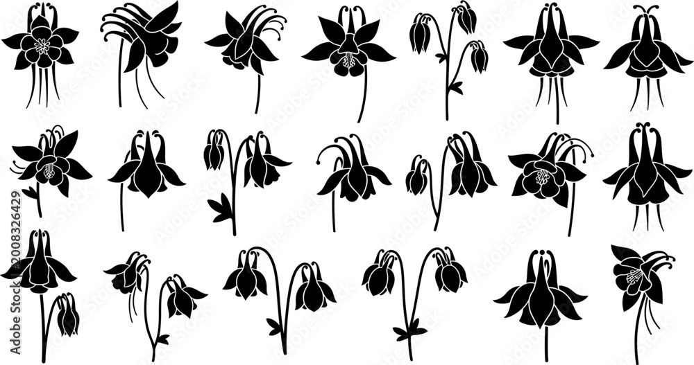 Fototapeta premium Collection of black columbine flower silhouettes on white background, aquilegia