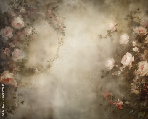 Pink Roses on a abstract grunge background. Beautiful Romantic Floral Background, copy space