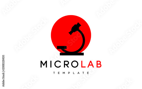 Red circle with black microscope silhouette. Simple design for science or research themes. Clean lines suggest modern laboratory or academic branding. Ideal for educational or medical projects