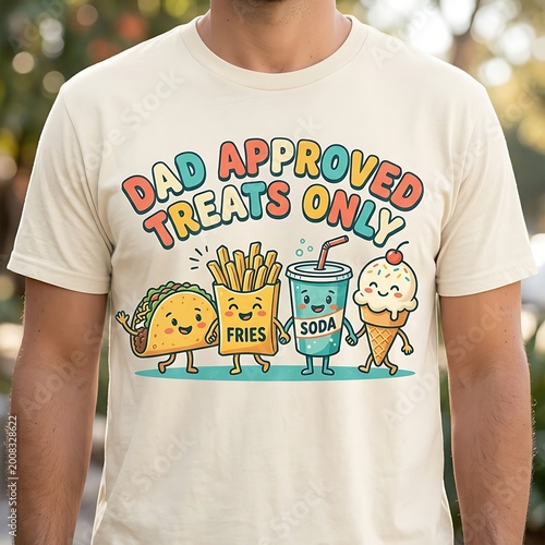 Cute cartoon character t shirt design featuring a happy taco fries soda and ice cream cone.