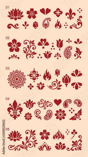 Bild auf Leinwand Red floral ornaments and paisley shapes decorative vector illustration high-qual