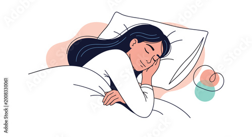 Calm young woman with long dark hair sleeping peacefully in a white bed with a pillow showing rest and healthy sleep habits.